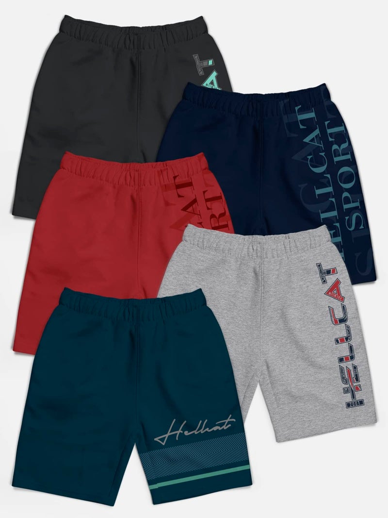 HELLCAT Pack of 5 Trendy Typographic Printed Mid Rise Shorts for Boys - Petrol Blue/Grey Melange/Maroon/Navy Blue/Grey / 11-12 Years - Image 2