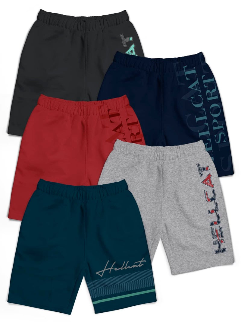 HELLCAT Pack of 5 Trendy Typographic Printed Mid Rise Shorts for Boys - Petrol Blue/Grey Melange/Maroon/Navy Blue/Grey / 11-12 Years - Image 1