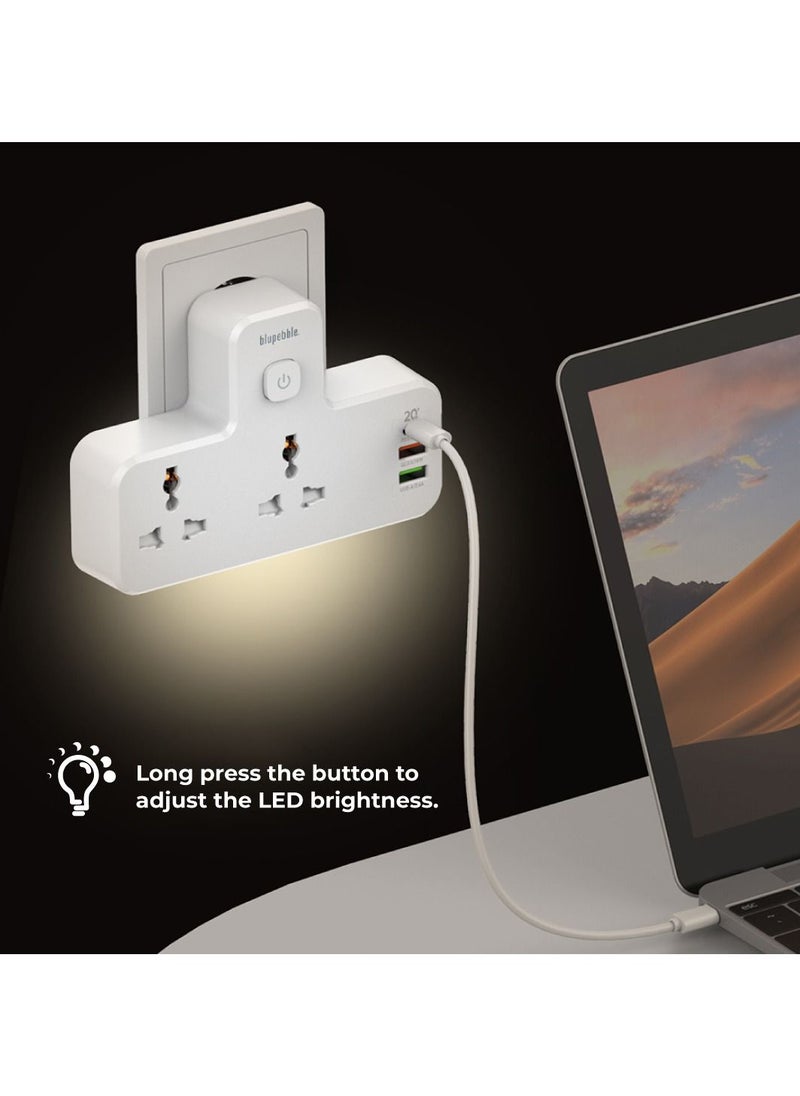 blupebble - Surge Protection Wall Adapter with Night Light 20W, 2 Port, 1 PD + 1 QC3.0 + 1 USB Universal Power Socket - Image 1