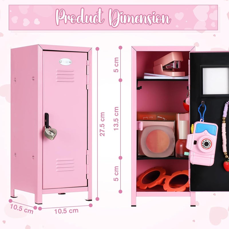 Vercraft 2 Pcs Mini Metal Locker Storage with Lock and 2 Keys 10.8 Inch Small Money Security and Cash Safe Box for Jewelry Back to School Home Office Desktop Container(Pink) - Image 3