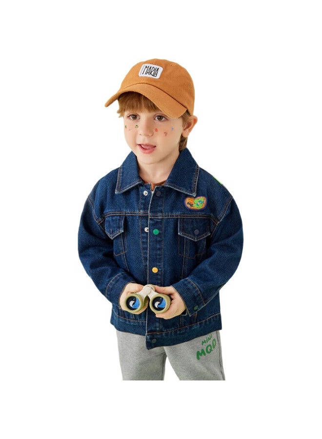 MQDMINI Boys' Denim Jacket With Turn-Down Collar And Bear Pattern Blue; Size 130 - Image 3