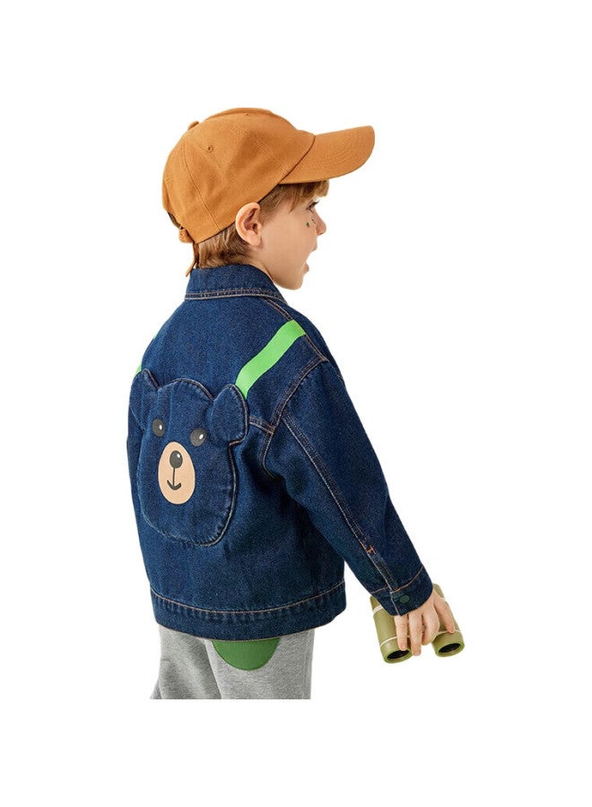 MQDMINI Boys' Denim Jacket With Turn-Down Collar And Bear Pattern Blue; Size 130 - Image 1
