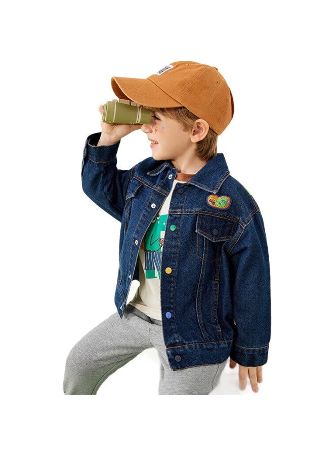MQDMINI Boys' Denim Jacket With Turn-Down Collar And Bear Pattern Blue; Size 130 - Image 2