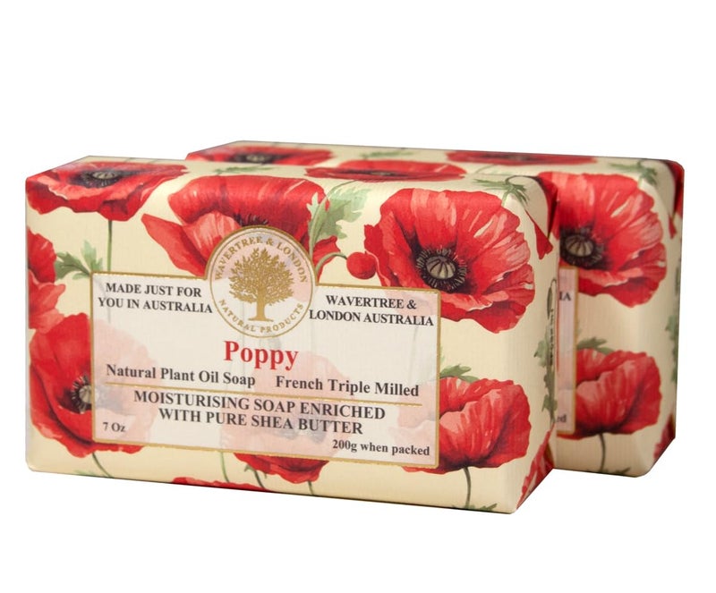 Wavertree  London Poppy Scented Natural Soap 2 Bars 7oz Moisturizing French Triple Milled Soap Bars enriched with shea butter  Pure Plant Oil Bath  Body Soap for All Skin Types