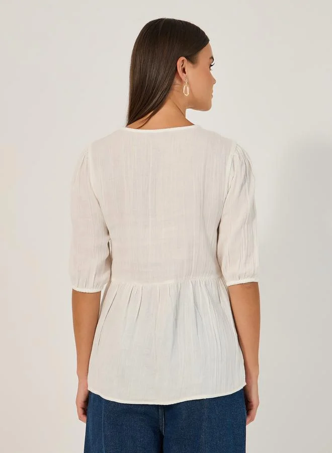 Styli Solid Tie-Front Neck Blouse