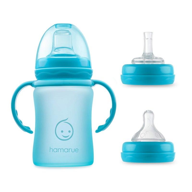 Hamarue Hamarue 3in1 Glass Sippy Cups for Toddlers Silicone Coated Glass Baby Bottles NonToxic Transition Cup for Baby with Removeable Handles Baby Straw Cup NB 3M 6M 12M Teal 5 oz