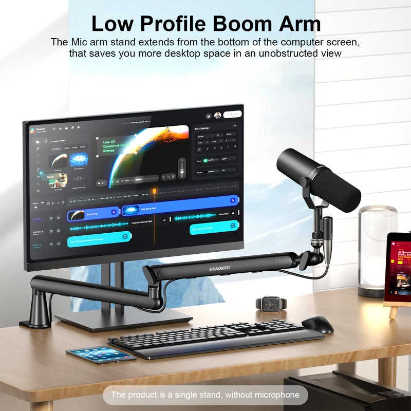Aokeo Microphone Arm,Aokeo AK-55 Desk Low Profile Adjustable Mic Boom Arm Stand,Suitable For Blue Yeti,Snowball iCE, HyperX QuadCast,SoloCast,Elgato Wave,Etc - Image 2
