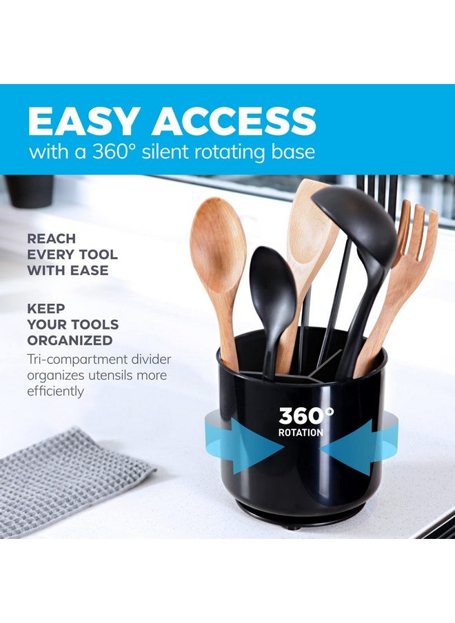 Cooler Kitchen Rotating Extra Plastic Black Large Utensil Holder For Kitchen Counter - Crock Caddy with Weighted Base and Gripped Insert - Countertop Kitchen Utensil Holder Tool - Spoon Cutlery & Utensils Organizer  - Image 2