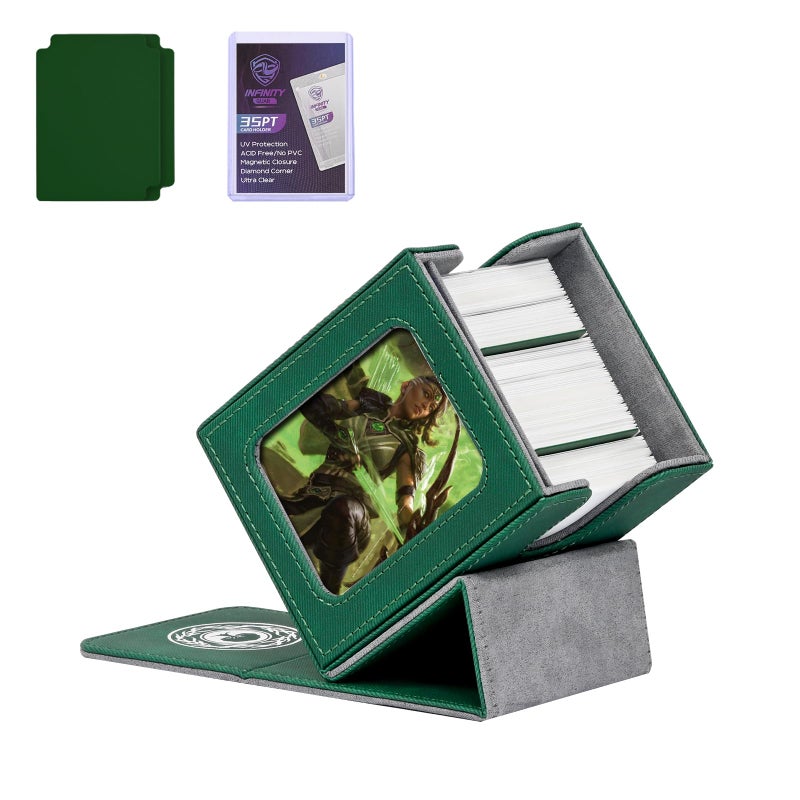 Infinity Guard Mtg Deck Box for MTG with Commander Display for 100+ Double Sleeved Cards, Magnetic Card Storage Box Fits for TCG Sports Trading Cards (Green&Grey) - Image 1