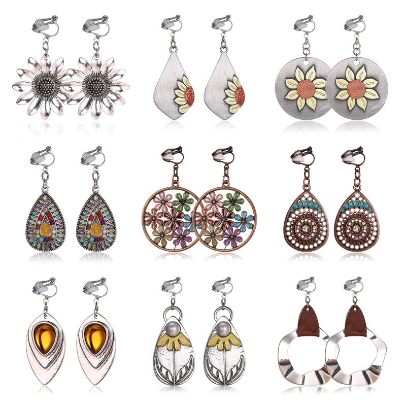 Thunaraz Clip on Dangle Earrings for Women - Bohemian Trendy Clip on Earrings Lightweight Comfortable Earrings Hypoallergenic Drop Clip ons for Non-pierced Ears Sunflower Teardrop Earrings - Image 1