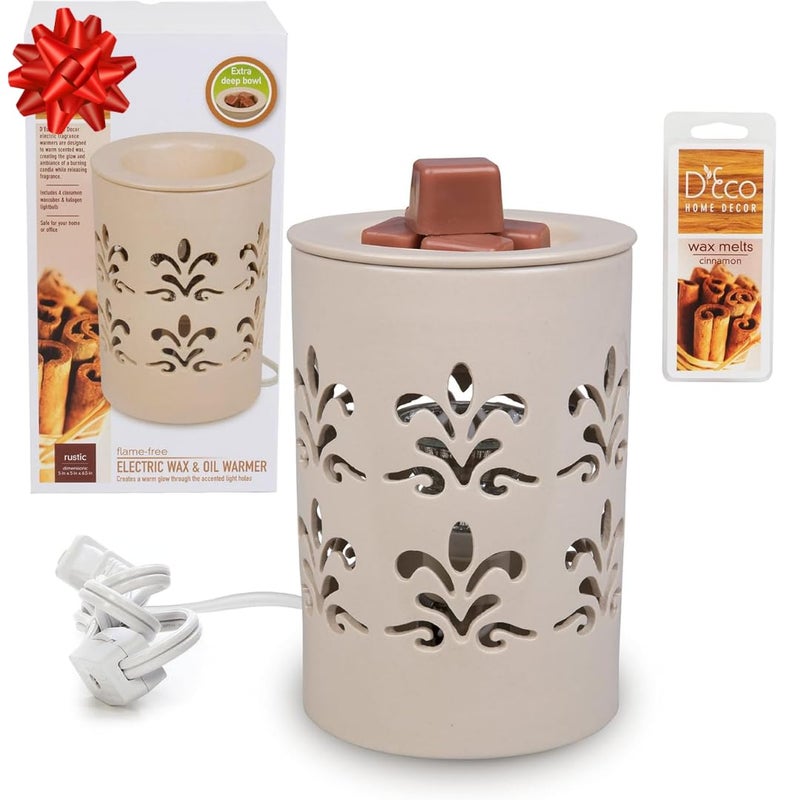 D'Eco Fragrance Wax Melt Warmer - Electric Scented Tart & Candle Warmer w 6 Cinnamon Cubes- Plug-in Halogen Bulb Melts Cubes & Fills Room w Fresh Scents & Night Light Glow- Holiday Xmas Must Have Gift