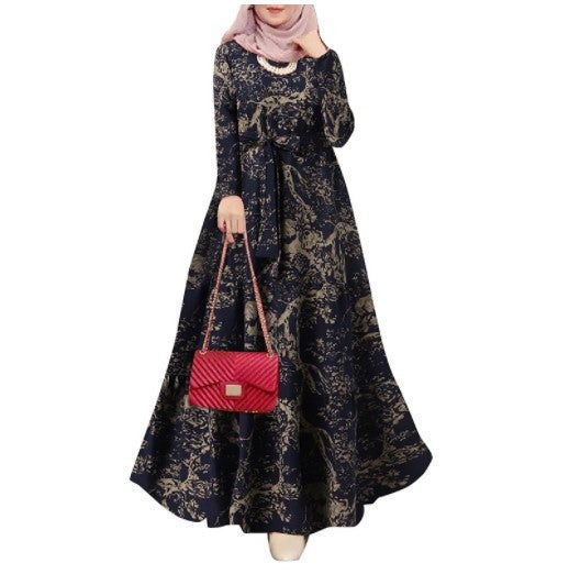 New Cross Border Muslim Vintage Printed Loose Pullover Plus Size Dress Navy blue  - Image 1
