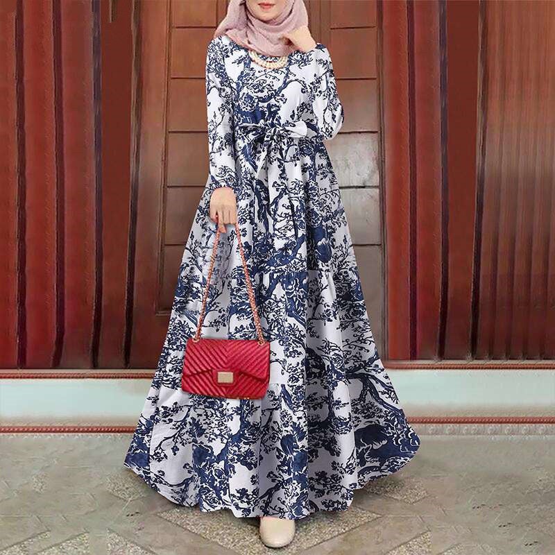 New Cross Border Muslim Vintage Printed Loose Pullover Plus Size Dress Navy blue  - Image 4