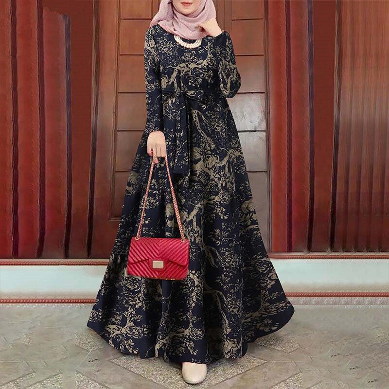 New Cross Border Muslim Vintage Printed Loose Pullover Plus Size Dress Navy blue  - Image 5