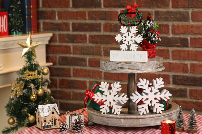 KORMMCO 4 PCS Wooden Snowflake Decor  Winter Farmhouse Decor White Christmas Decoration Retro Wood Snowflake for Tiered Tray Decor Centerpiece Table (White) - Image 5
