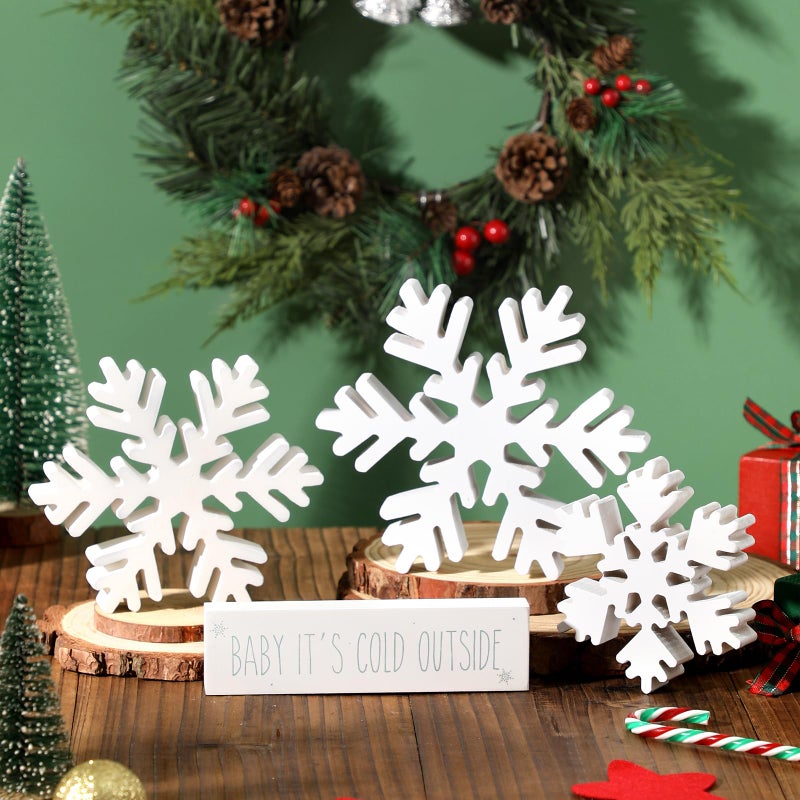 KORMMCO 4 PCS Wooden Snowflake Decor  Winter Farmhouse Decor White Christmas Decoration Retro Wood Snowflake for Tiered Tray Decor Centerpiece Table (White) - Image 3