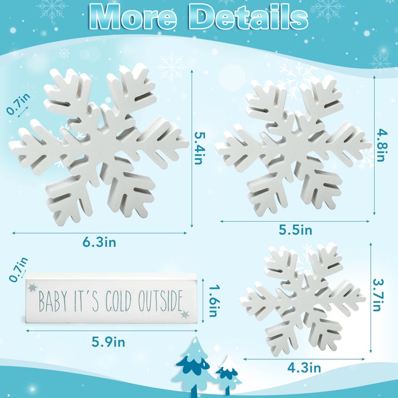 KORMMCO 4 PCS Wooden Snowflake Decor  Winter Farmhouse Decor White Christmas Decoration Retro Wood Snowflake for Tiered Tray Decor Centerpiece Table (White) - Image 2
