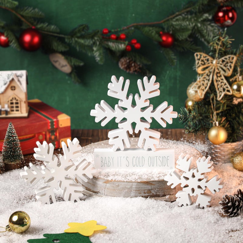 KORMMCO 4 PCS Wooden Snowflake Decor  Winter Farmhouse Decor White Christmas Decoration Retro Wood Snowflake for Tiered Tray Decor Centerpiece Table (White) - Image 1