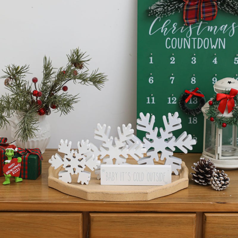 KORMMCO 4 PCS Wooden Snowflake Decor  Winter Farmhouse Decor White Christmas Decoration Retro Wood Snowflake for Tiered Tray Decor Centerpiece Table (White) - Image 4