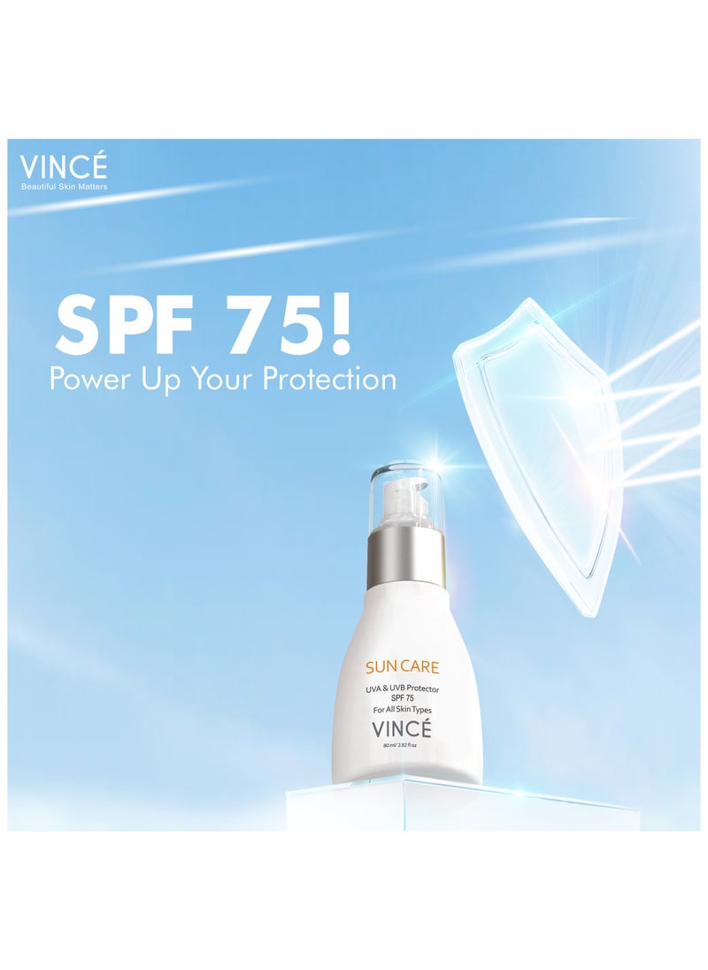VINCE - Sunblock SPF 75 – Advanced UVA/UVB & Sun Harmful Rays Protection – Prevents Tanning, Hyperpigmentation & Premature Aging – Hydrates & Soothes – Water-Resistant, No White Cast – 80ml - Image 1