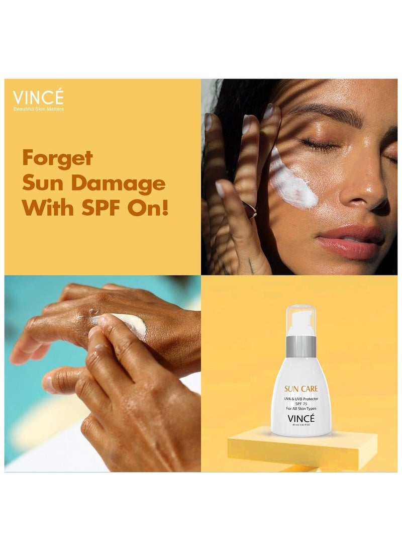 VINCE - Sunblock SPF 75 – Advanced UVA/UVB & Sun Harmful Rays Protection – Prevents Tanning, Hyperpigmentation & Premature Aging – Hydrates & Soothes – Water-Resistant, No White Cast – 80ml - Image 1