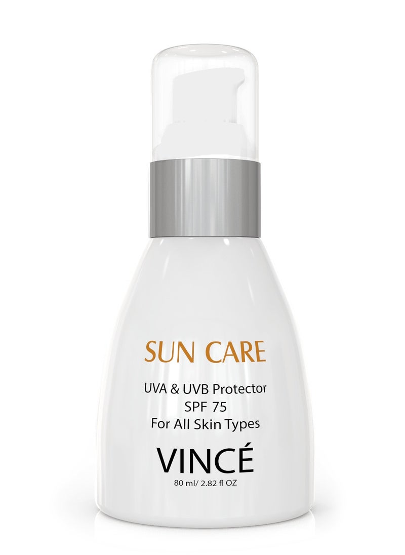 VINCE - Sunblock SPF 75 – Advanced UVA/UVB & Sun Harmful Rays Protection – Prevents Tanning, Hyperpigmentation & Premature Aging – Hydrates & Soothes – Water-Resistant, No White Cast – 80ml - Image 1