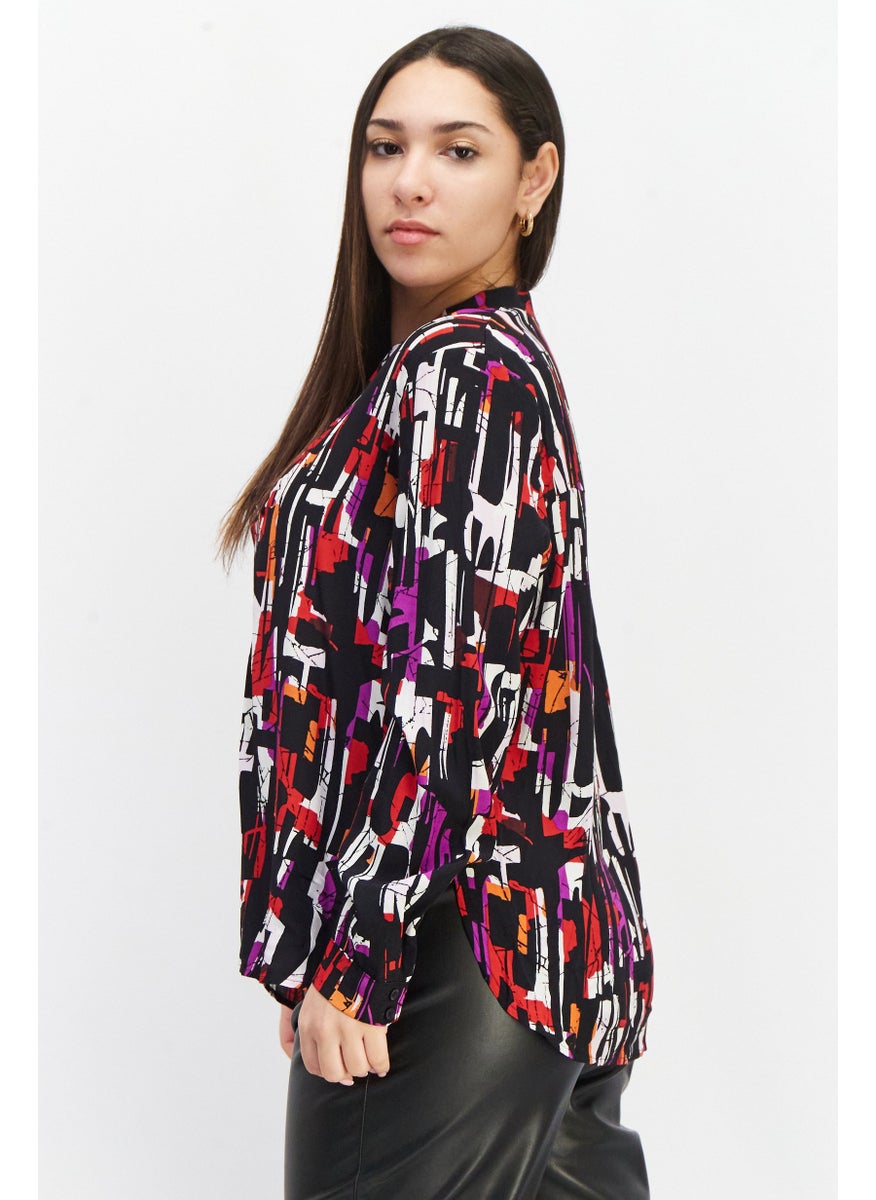 ESPRIT Women Split Neck Long Sleeve Allover Print Blouse, Black Combo  - Image 3