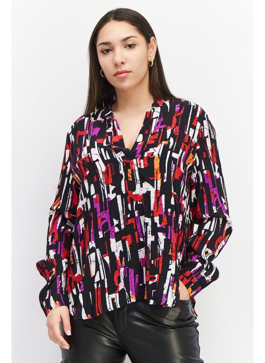 ESPRIT Women Split Neck Long Sleeve Allover Print Blouse, Black Combo  - Image 1