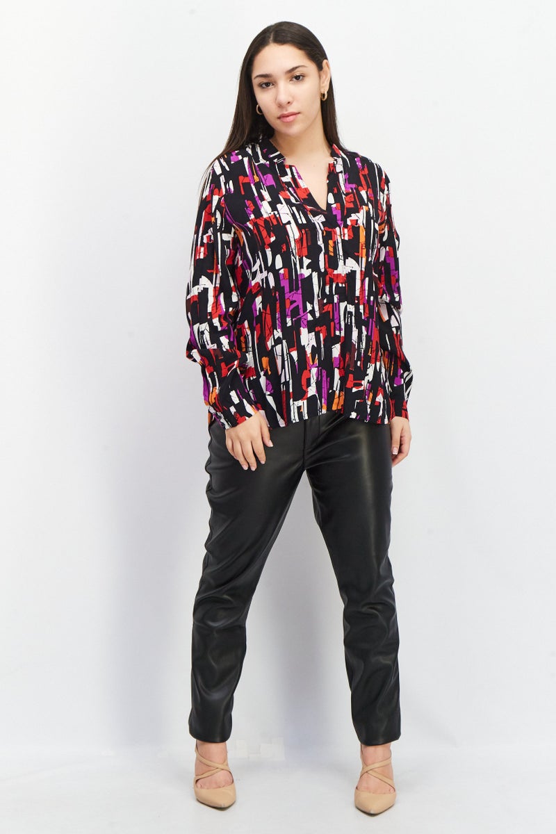 ESPRIT بلوزة نسائية بأكمام طويلة وفتحة عنق مقسومة، مزيج أسود - Image 2