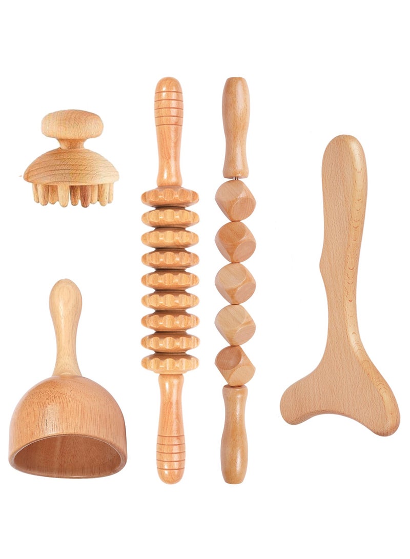 Wood Therapy Massage Tools 5-in-1 Lymphatic Drainage Massager Professional Maderoterapia Kit Wooden Massager Body Sculpting Tools for Muscle Pain Relief, Anti-Cellulite, Body Contouring and Shaping