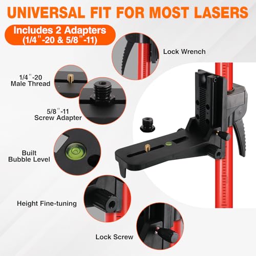 SMTOER 12Ft Telescoping Laser Level Pole with Tripod - Adjustable Laser Stand with Dual Thread Adapter (1/4"-20 & 5/8"-11) for Rotary and Line Lasers, Includes Carrying Case & Bubble Level(Black&Red) - Image 4