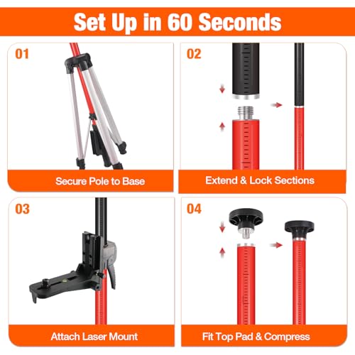 SMTOER 12Ft Telescoping Laser Level Pole with Tripod - Adjustable Laser Stand with Dual Thread Adapter (1/4"-20 & 5/8"-11) for Rotary and Line Lasers, Includes Carrying Case & Bubble Level(Black&Red) - Image 3