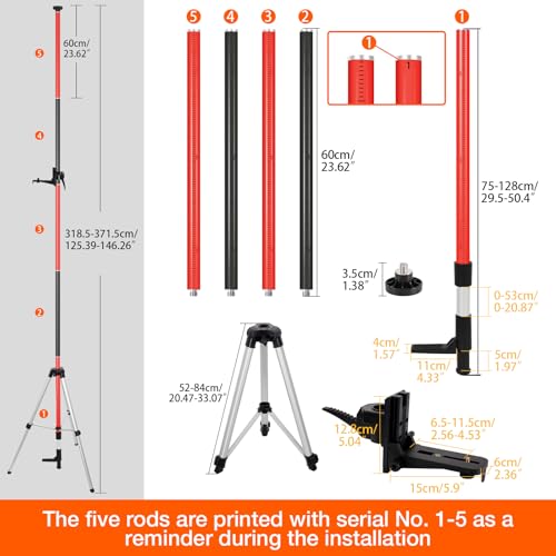 SMTOER 12Ft Telescoping Laser Level Pole with Tripod - Adjustable Laser Stand with Dual Thread Adapter (1/4"-20 & 5/8"-11) for Rotary and Line Lasers, Includes Carrying Case & Bubble Level(Black&Red) - Image 2