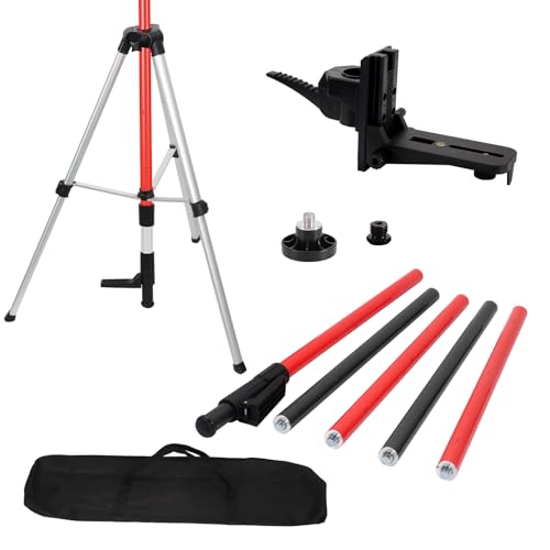 SMTOER 12Ft Telescoping Laser Level Pole with Tripod - Adjustable Laser Stand with Dual Thread Adapter (1/4"-20 & 5/8"-11) for Rotary and Line Lasers, Includes Carrying Case & Bubble Level(Black&Red) - Image 1