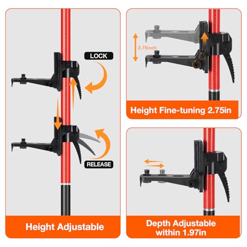 SMTOER 12Ft Telescoping Laser Level Pole with Tripod - Adjustable Laser Stand with Dual Thread Adapter (1/4"-20 & 5/8"-11) for Rotary and Line Lasers, Includes Carrying Case & Bubble Level(Black&Red) - Image 5