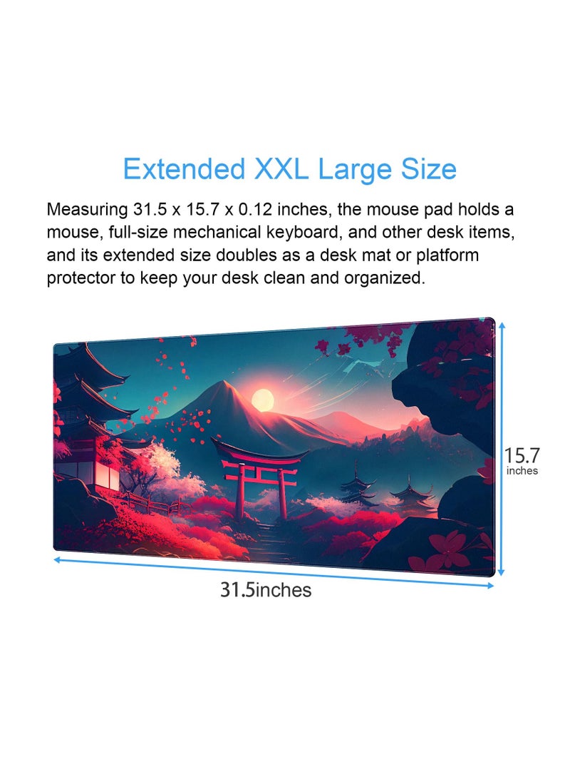 SYOSI - Anime Art Desk Mat Large Gaming Mouse Pad Pink Japanese Cherry Blossom Theme Aesthetic Mousepad Computer Laptop with Durable Stitched Edge Non Slip Rubber Base 31.5''X15.7'' - Image 1