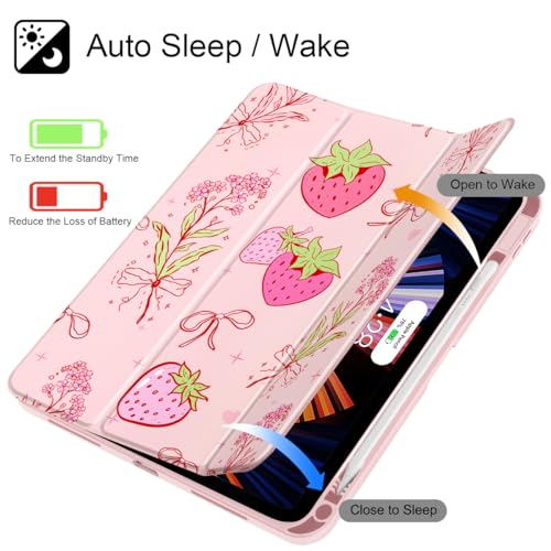 May Chen for iPad (A16) 11th Generation Case 11 Inch 2025, iPad 10th Gen Case 2022 10.9 inch, Built-in Pencil Holder with Shockproof Cover Clear Transparent Back Shell Auto Wake/Sleep, Strawberry Bow - Image 3