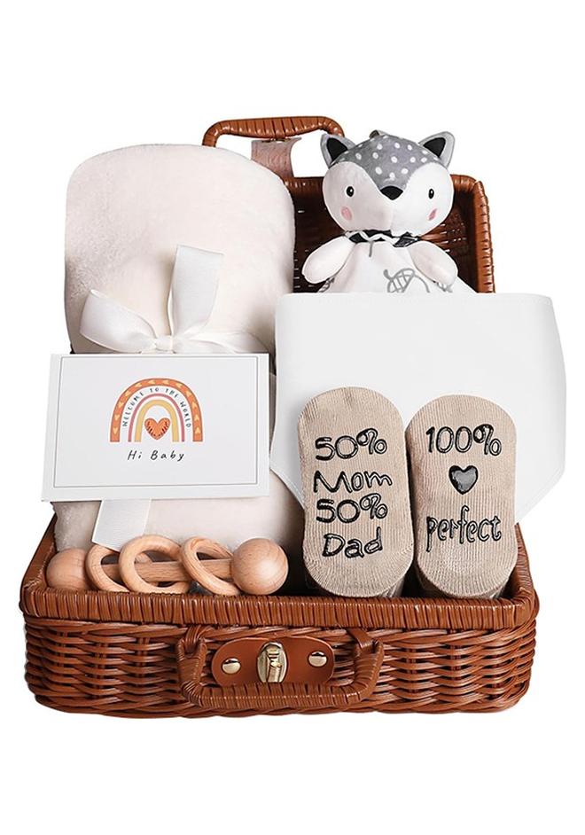 NNEWVANTE سلة هدايا للأطفال، مجموعة هدايا لحديثي الولادة مع خشخيشة للأطفال، مجموعة هدايا للأطفال حديثي الولادة، هدايا للأطفال حديثي الولادة، مجموعة سلة هدايا للأطفال متوسطة الحجم للأمهات المتوقعات (أبيض)... - Image 1