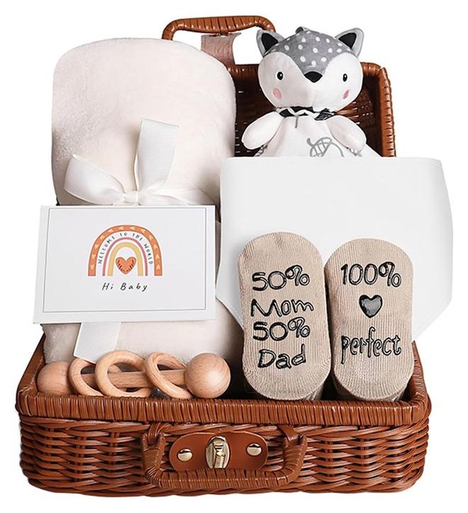 NNEWVANTE سلة هدايا للأطفال، مجموعة هدايا لحديثي الولادة مع خشخيشة للأطفال، مجموعة هدايا للأطفال حديثي الولادة، هدايا للأطفال حديثي الولادة، مجموعة سلة هدايا للأطفال متوسطة الحجم للأمهات المتوقعات (أبيض)... - Image 1