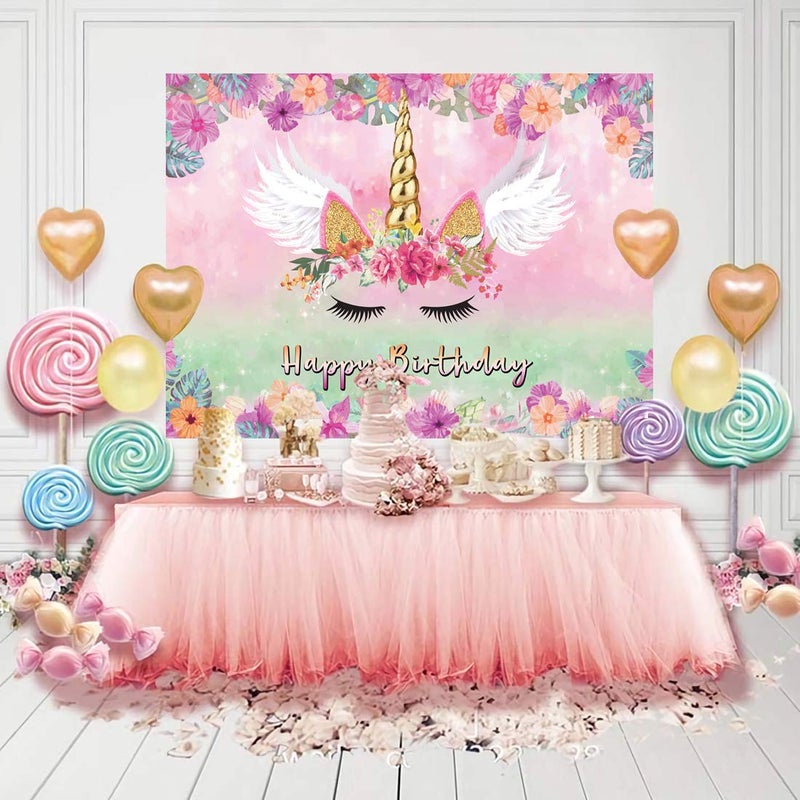 LTLYH Unicorn Birthday Backdrop for Girls 7x5ft Pink Floral Unicorn Party Decoration Happy Birthday Banner for Girls Party Photo Booth Background 054 - Image 4