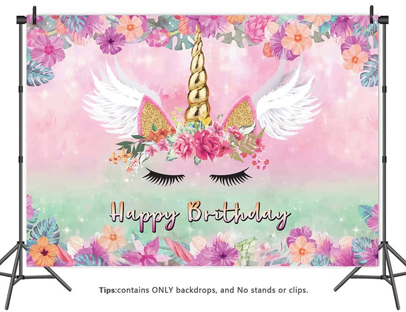 LTLYH Unicorn Birthday Backdrop for Girls 7x5ft Pink Floral Unicorn Party Decoration Happy Birthday Banner for Girls Party Photo Booth Background 054 - Image 2