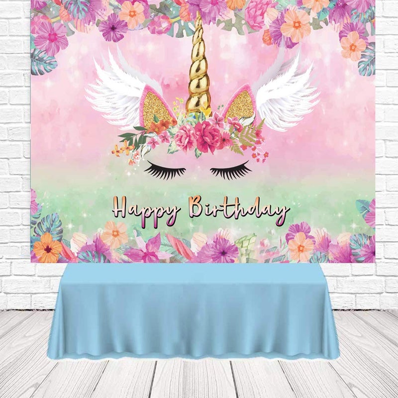 LTLYH Unicorn Birthday Backdrop for Girls 7x5ft Pink Floral Unicorn Party Decoration Happy Birthday Banner for Girls Party Photo Booth Background 054 - Image 3