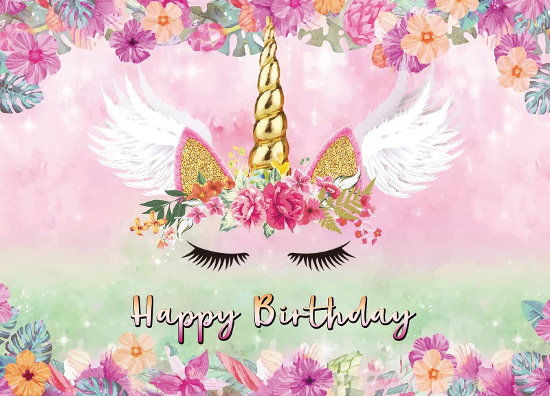LTLYH Unicorn Birthday Backdrop for Girls 7x5ft Pink Floral Unicorn Party Decoration Happy Birthday Banner for Girls Party Photo Booth Background 054 - Image 1