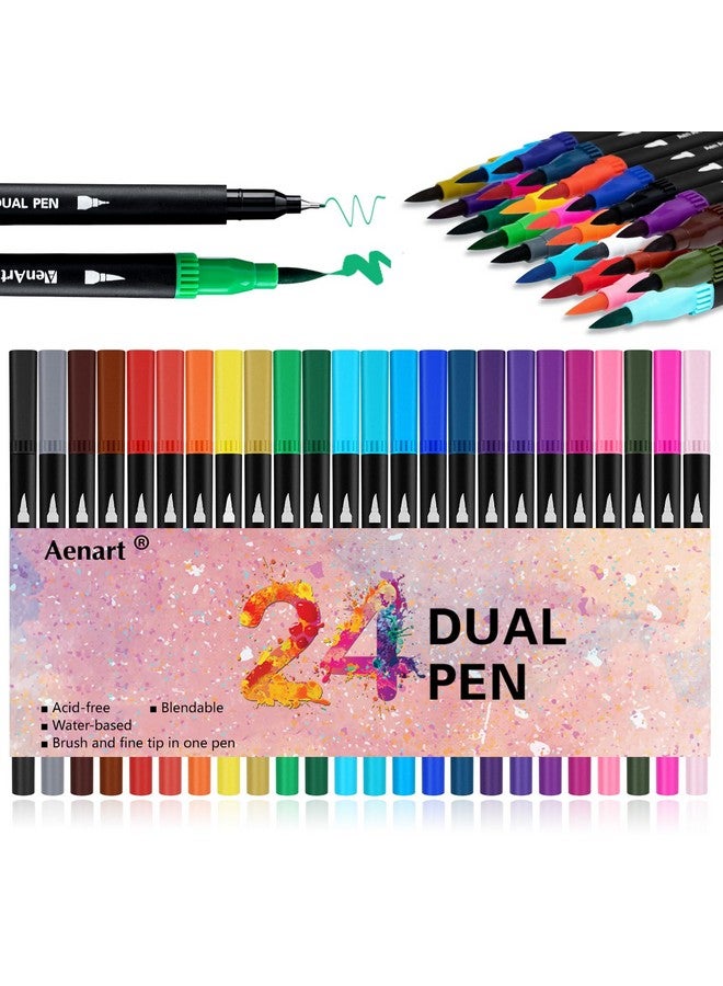 آين أرت أقلام تحديد فرشاة مزدوجة لكتب التلوين للبالغين، 24 قلم تحديد ذو نقطة دقيقة ملونة للعودة إلى اللوازم المدرسية، دفتر يوميات لتدوين الرسم - Image 1