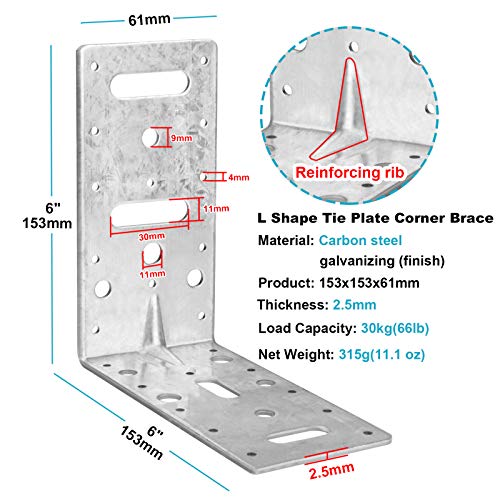 eoere 6 PCS 6" Steel L Right Angle Bracket, Tie Plate Metal Reinforcing Rib Strengthen Corner Brace for Timber Shelf Connector, Thick 3/32", Max Load 66 lb - Image 2