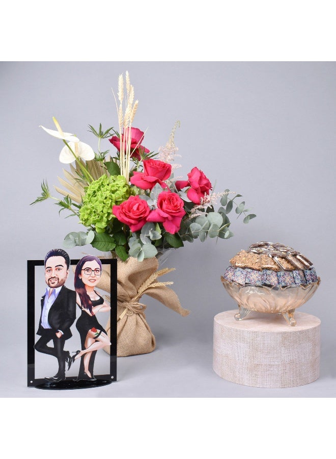Ferns N Petals Carricature Fun Frame Fresh Flowers And Chocolates