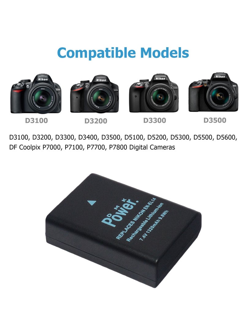 DMK Power Dmk Power En-el14 1320mah Battery Compatible with Nikon Coolpix D3100 D3200 D5100 P7000 P7100 P7700 Camera Etc - Image 2