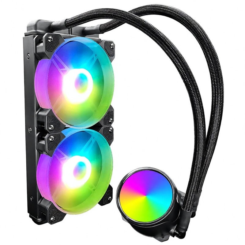 مبرد المياه: مروحة هادئة بقطر 120 مم مع حواف ضيقة و7 ريشات كبيرة، إضاءة RGB ملونة مدمجة - تحكم درجات حرارة ذكي بواسطة PWM، غلاف حاسوب PC وسيط واحد مضاد للتسرب لتتبريد المعالج المركزي - Image 1