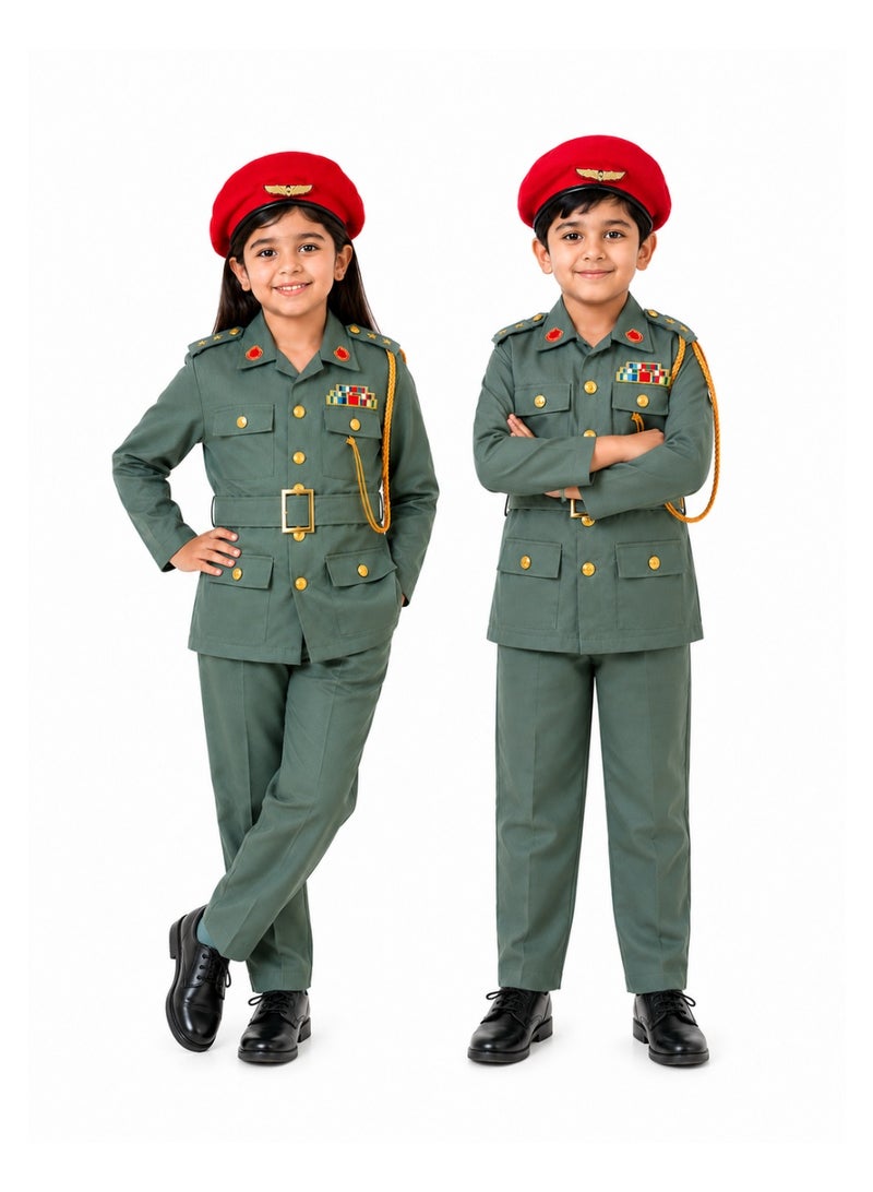 طقم زي ضابط شرطة الإمارات العربية المتحدة عالي الجودة باللون الأخضر للأطفال (للجنسين)، مثالي للعب الأدوار والملابس التنكرية. - Image 1