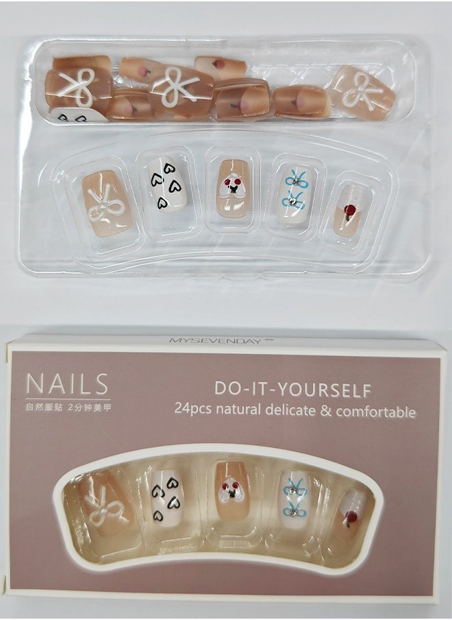 NIBEMINENT 24Pcs Fake Nails, Press Nails In Box,Short-length Flat head shaped Solid Skin White Color Shiny Nail Art,Bow knot,Cake,Love Heart,Zircon,Pearl,Cherry,Fake Nail Patch  - Image 2